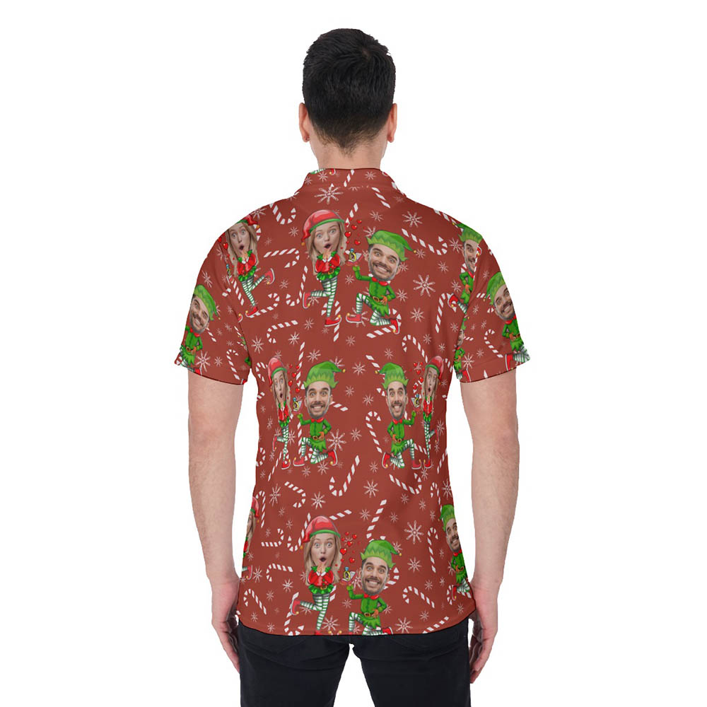 Custom Couple Face Elf Christmas Red Hawaiian Polo Shirt For Men