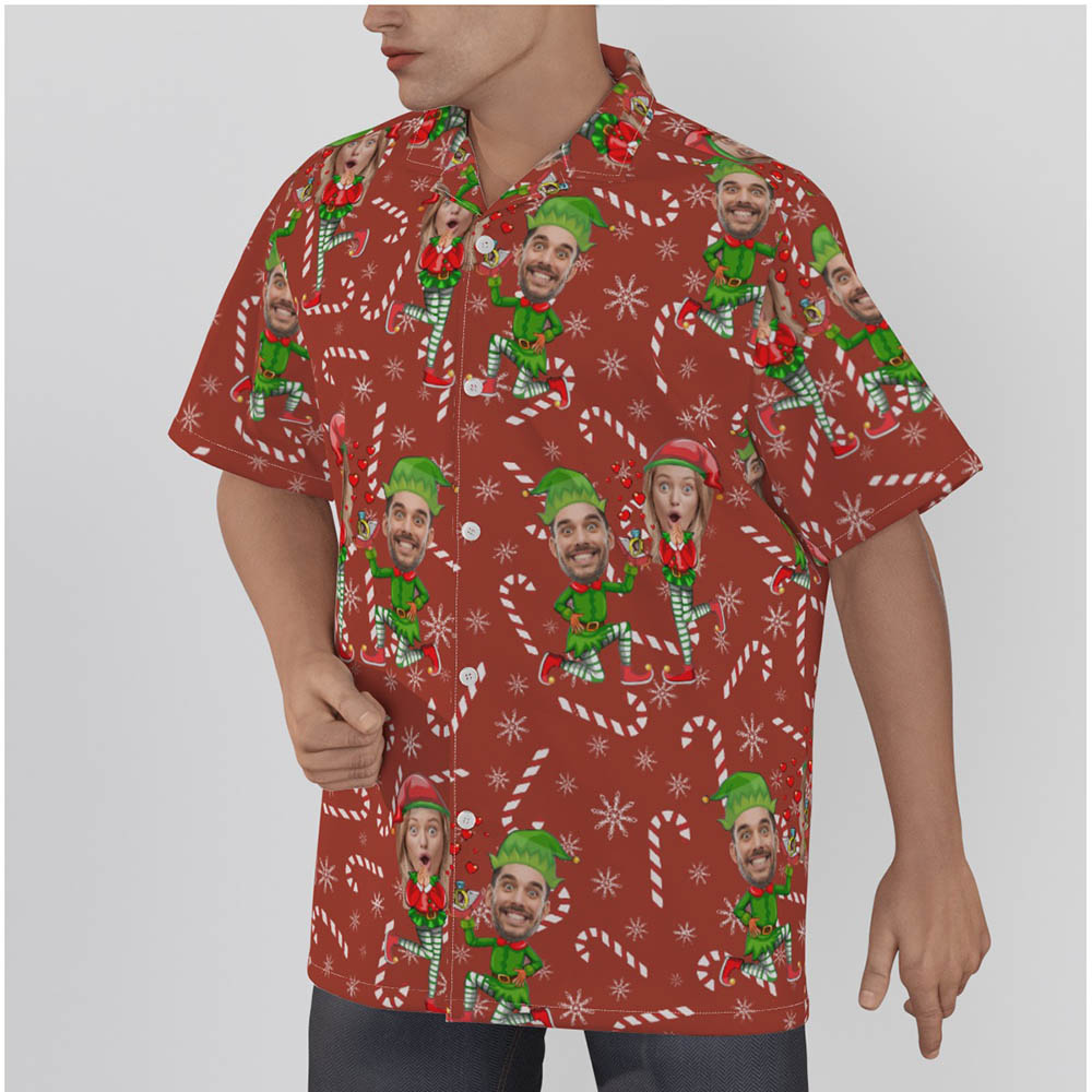 Funny Elf Custom Couple Face Christmas Men's Hawaiian Shirt
