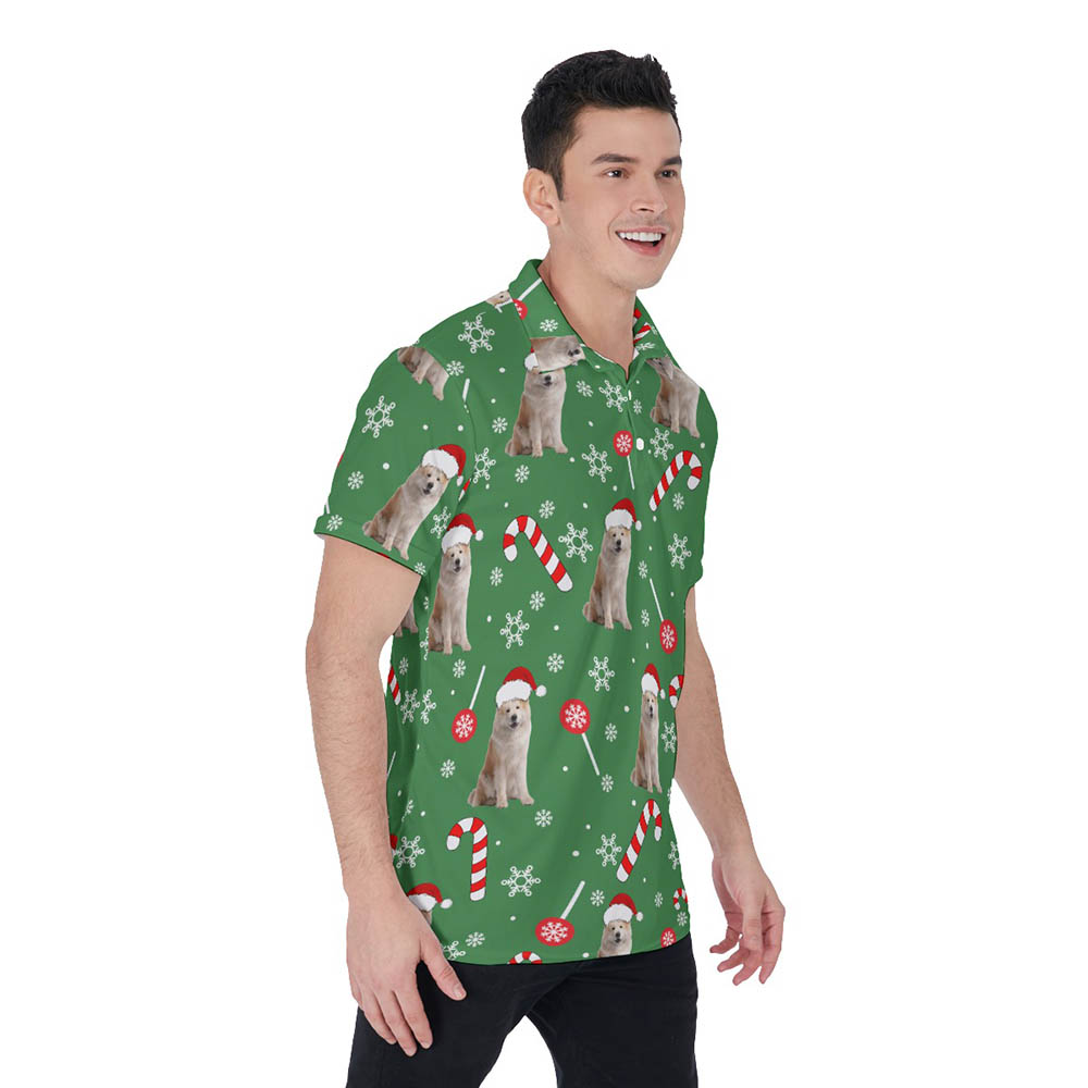 Funny Custom Dog Face Candy Cane Christmas Hawaiian Polo Shirt For Men