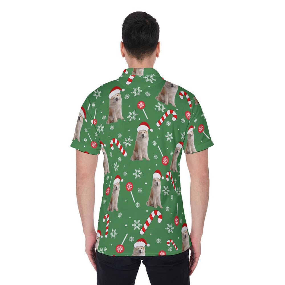 Funny Custom Dog Face Candy Cane Christmas Hawaiian Polo Shirt For Men