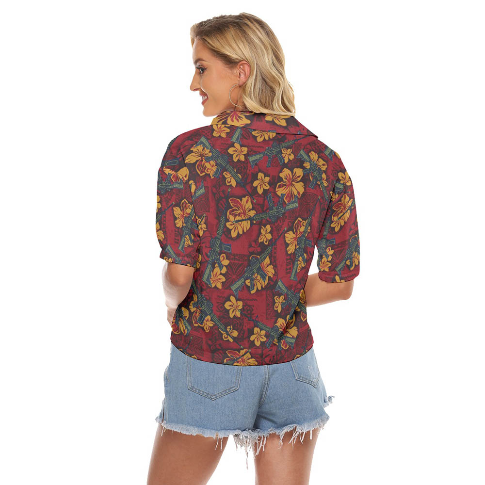 Vintage Hibiscus Tactical Gun Red Women's Hawaiian Cropped Shirt