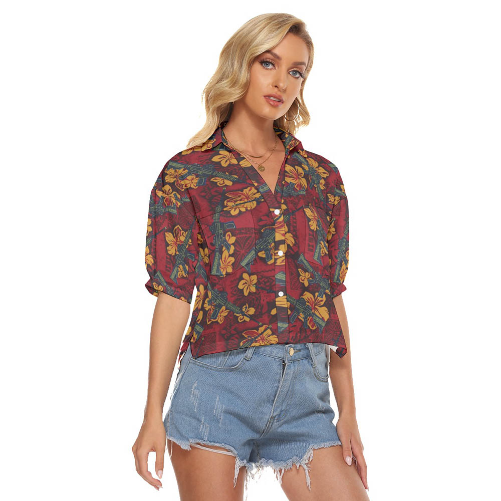 Vintage Hibiscus Tactical Gun Red Women's Hawaiian Cropped Shirt