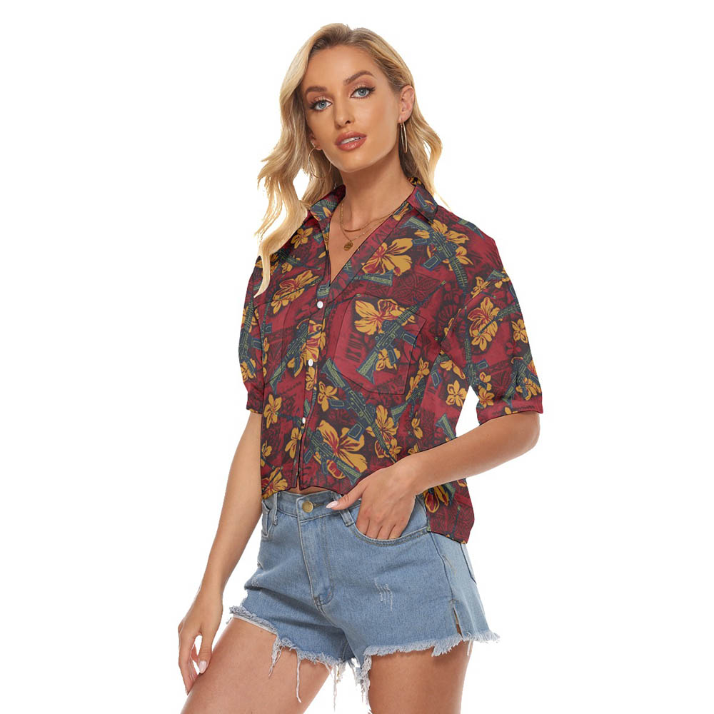 Vintage Hibiscus Tactical Gun Red Women's Hawaiian Cropped Shirt