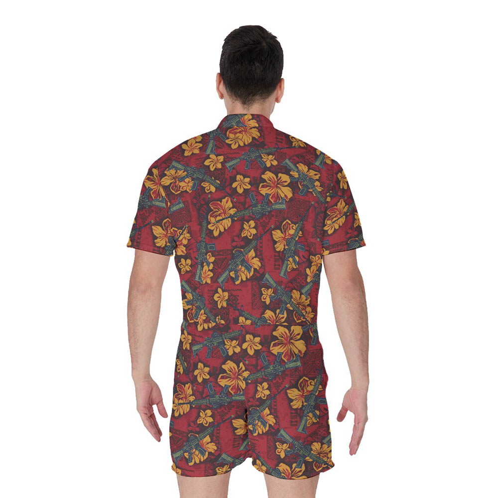 Vintage Hibiscus Tactical Gun Hawaiian Romper For Men