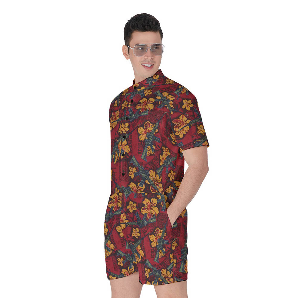 Vintage Hibiscus Tactical Gun Hawaiian Romper For Men
