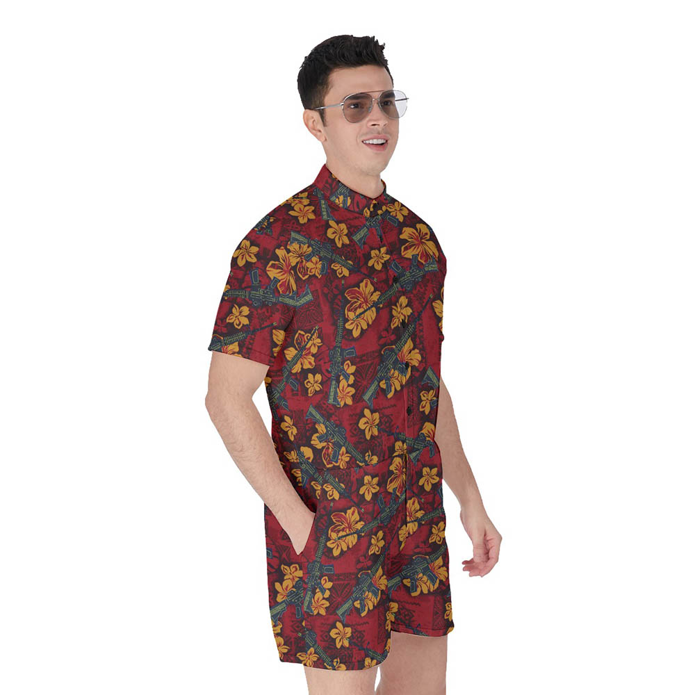 Vintage Hibiscus Tactical Gun Hawaiian Romper For Men