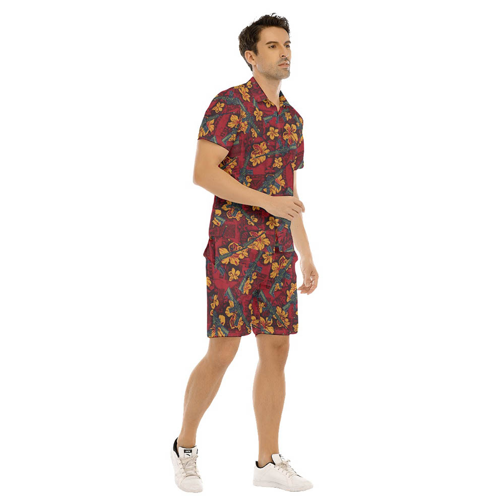 Tactical Gun Vintage Hibiscus Red Hawaiian Shirt Set For Men