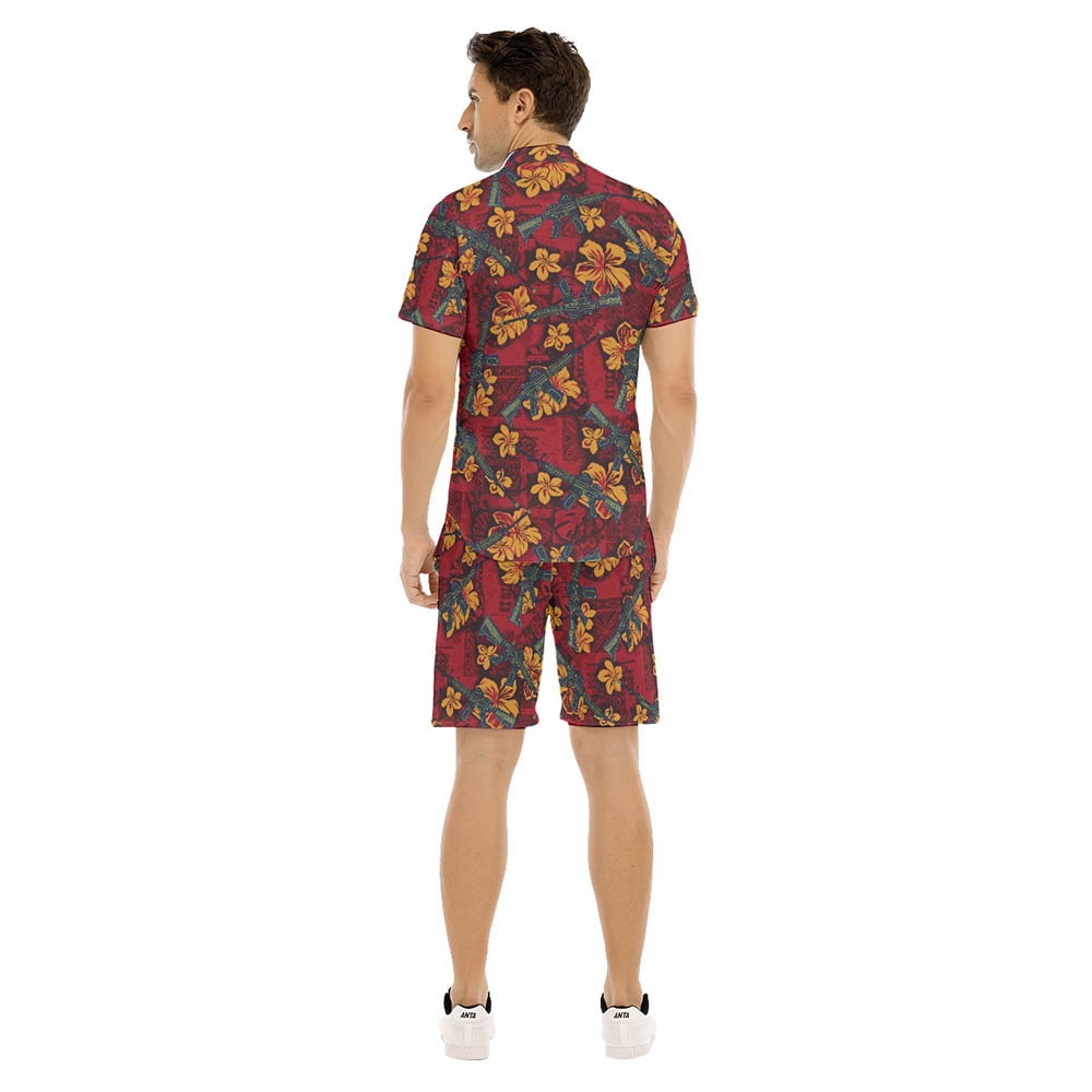 Tactical Gun Vintage Hibiscus Red Hawaiian Shirt Set For Men