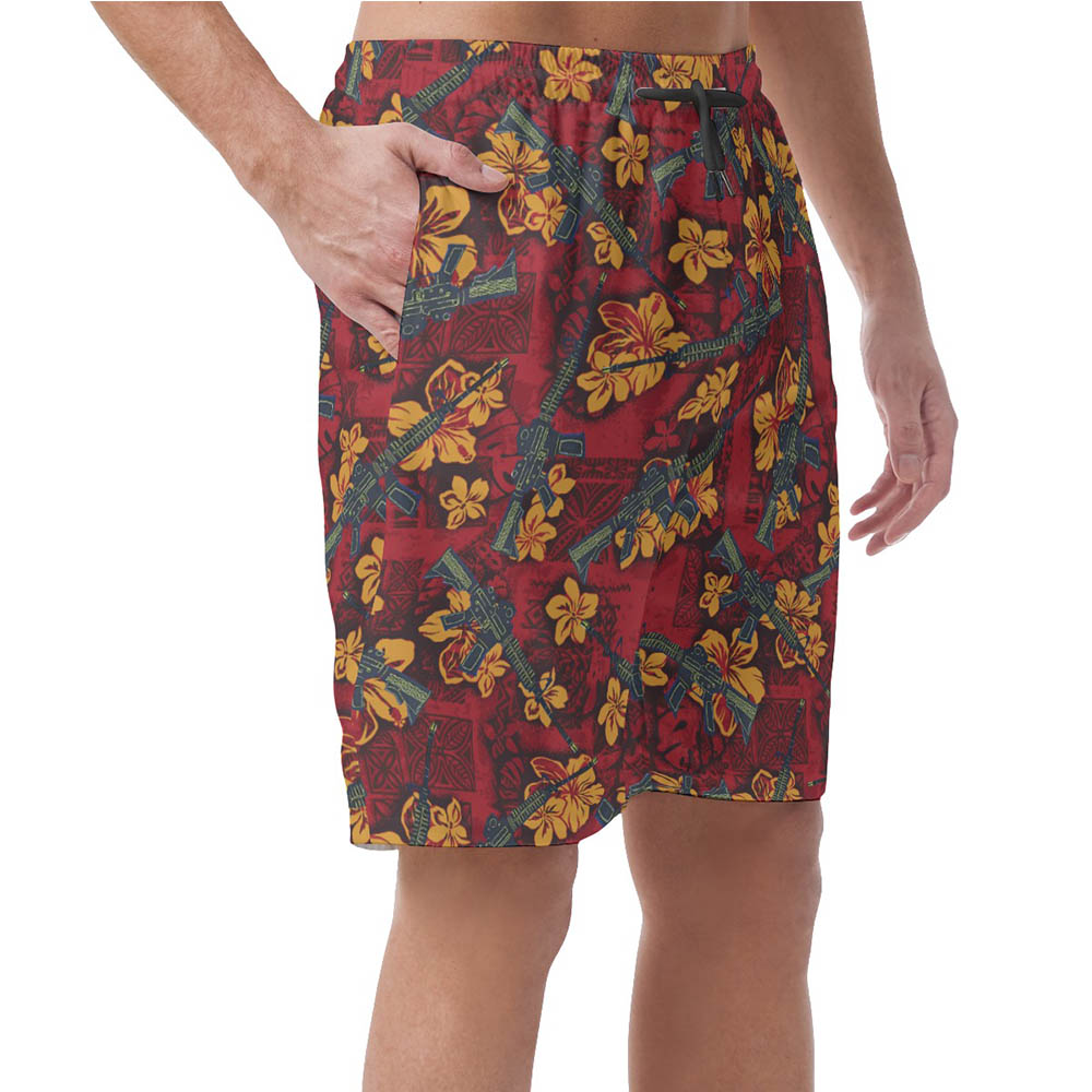 Tactical Gun Vintage Hibiscus Red Hawaiian Men's Shorts