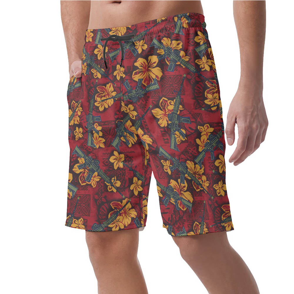 Tactical Gun Vintage Hibiscus Red Hawaiian Men's Shorts