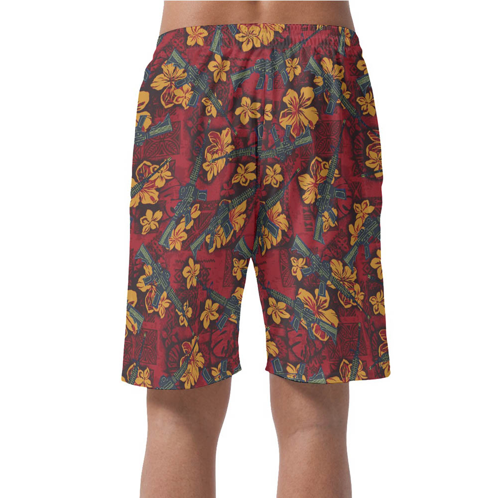 Tactical Gun Vintage Hibiscus Red Hawaiian Men's Shorts