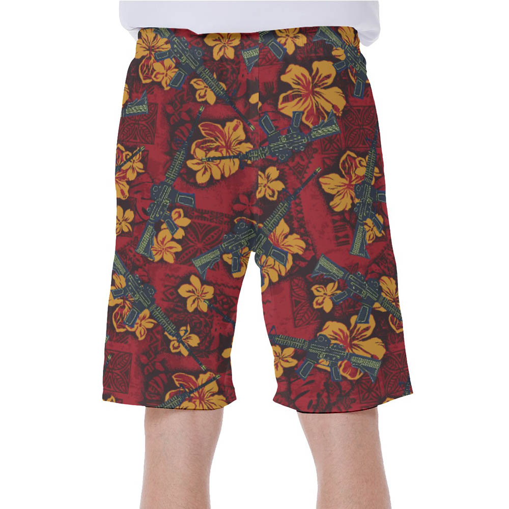 Tactical Gun Vintage Hibiscus Red Hawaiian Swim Trunks For Men