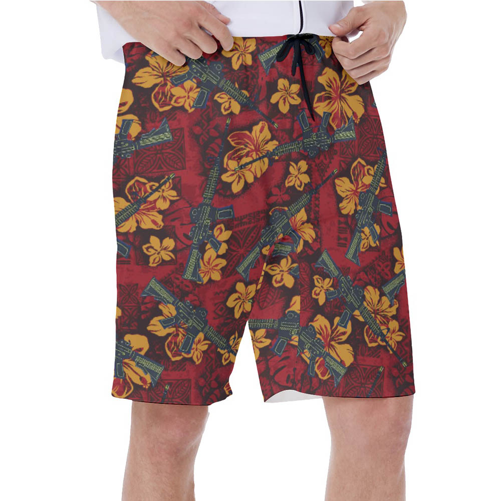 Tactical Gun Vintage Hibiscus Red Hawaiian Swim Trunks For Men