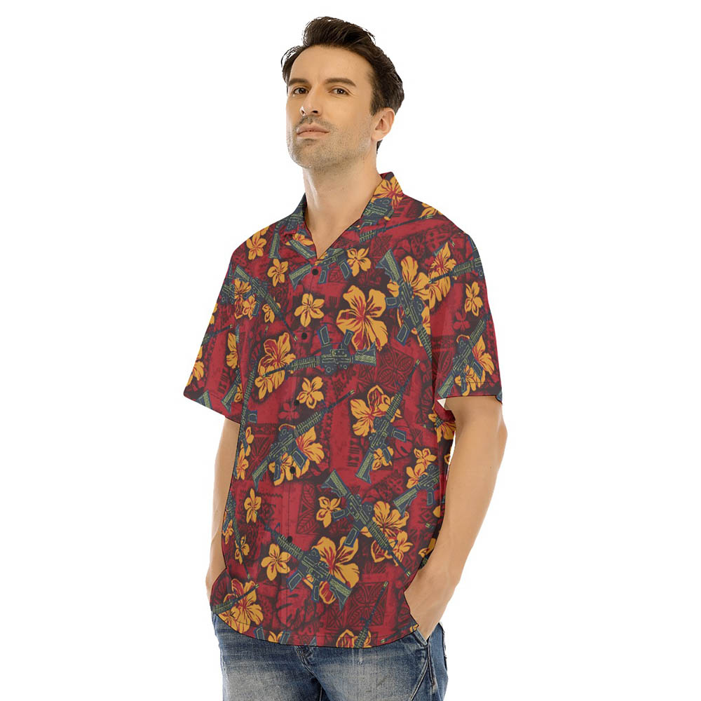 Tactical Gun Vintage Hibiscus Red Men's Hawaiian Shirt