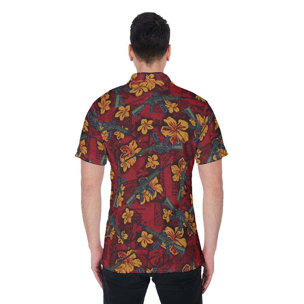 Vintage Tactical Gun Hibiscus Hawaiian Polo Golf Shirt