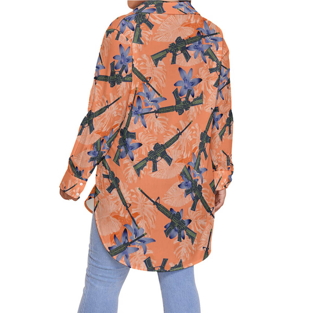 Tactical Gun Floral Orange Hawaiian Plus Size Shirt For Women