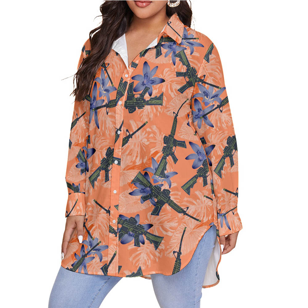 Tactical Gun Floral Orange Hawaiian Plus Size Shirt For Women