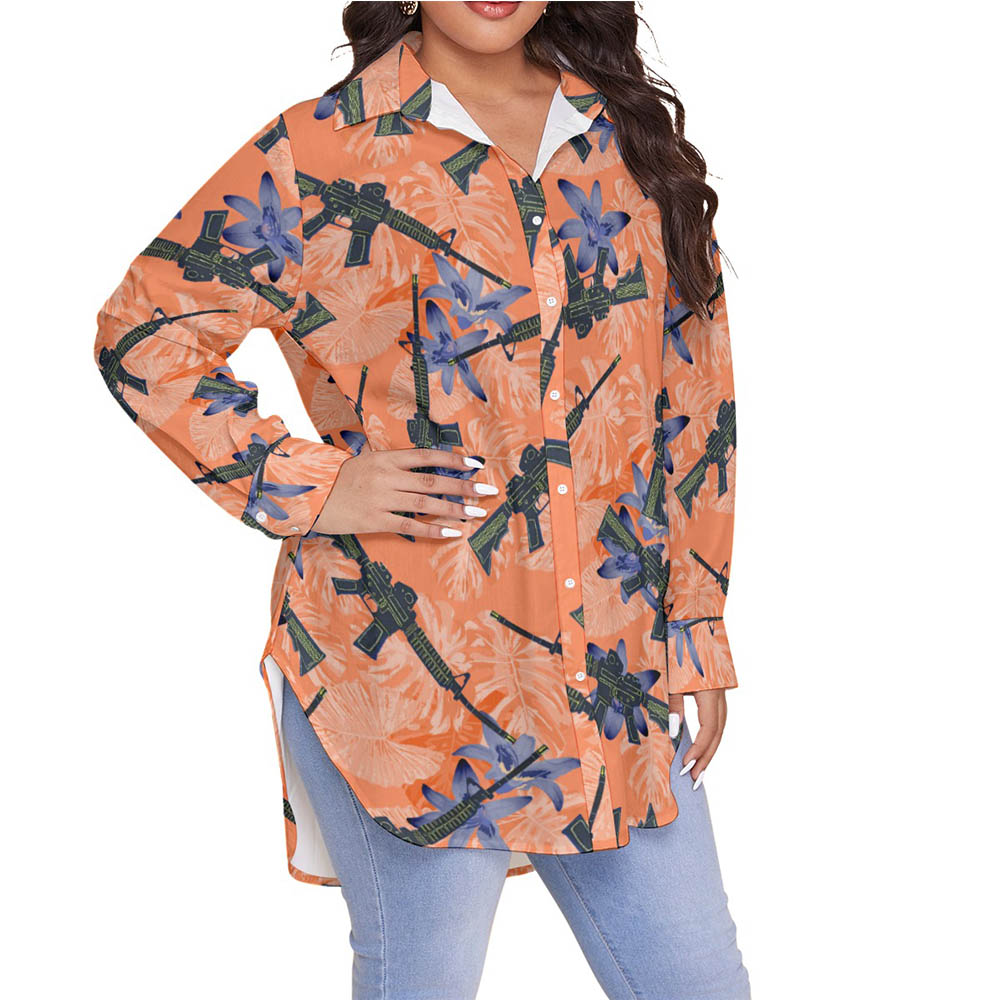 Tactical Gun Floral Orange Hawaiian Plus Size Shirt For Women