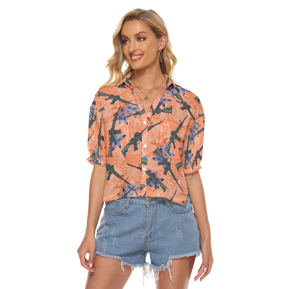 Cool Tactical Gun Floral Orange Hawaiian Crop Top Shirt - variant image 1