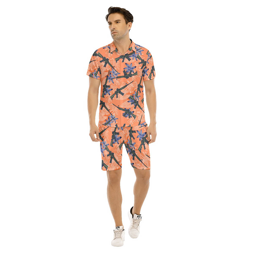 Set Tactical Gun Floral Orange Men's Hawaiian Shirt And Matching Shorts - variant image 1