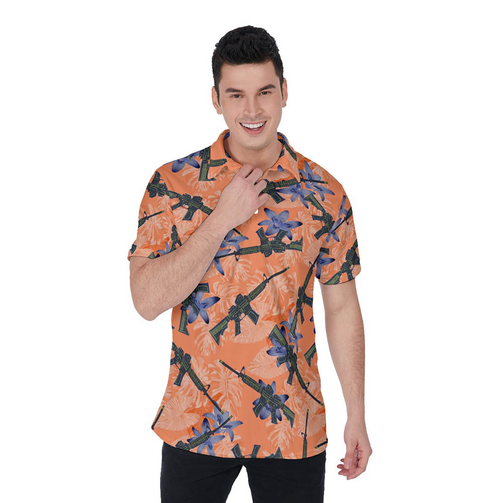 Cool Tactical Gun Floral Orange Men's Hawaiian Polo Shirt - variant image 1