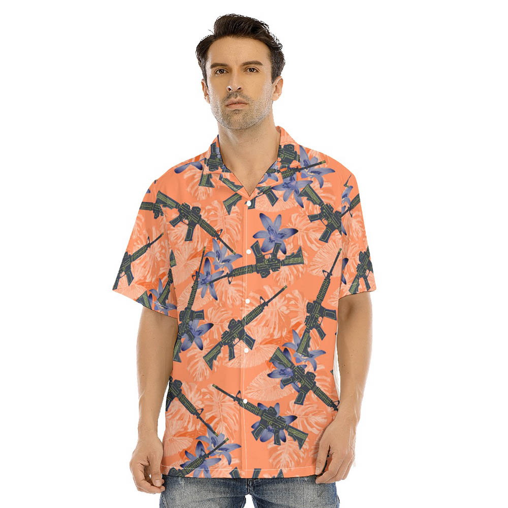 Orange Floral Tactical Gun Men's Hawaiian Shirt - variant image 1