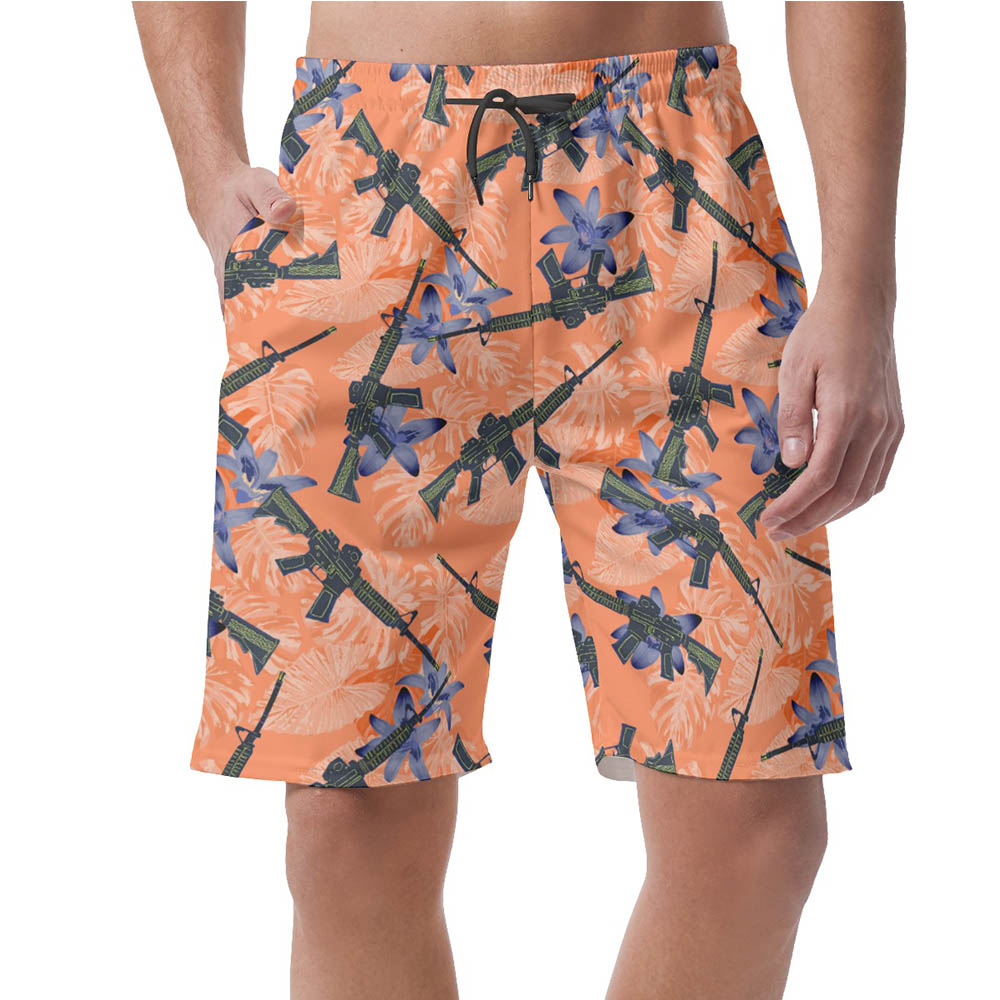 Floral Tactical Gun Orange Hawaiian Beach Shorts - variant image 1