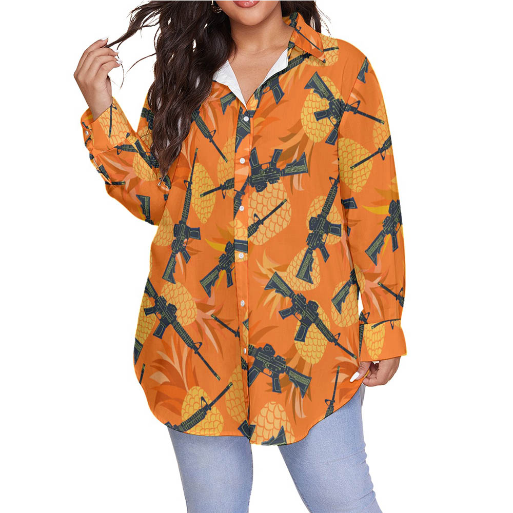 Orange Pineapple Tactical Gun Plus Size Aloha Shirt For Women - variant image 1