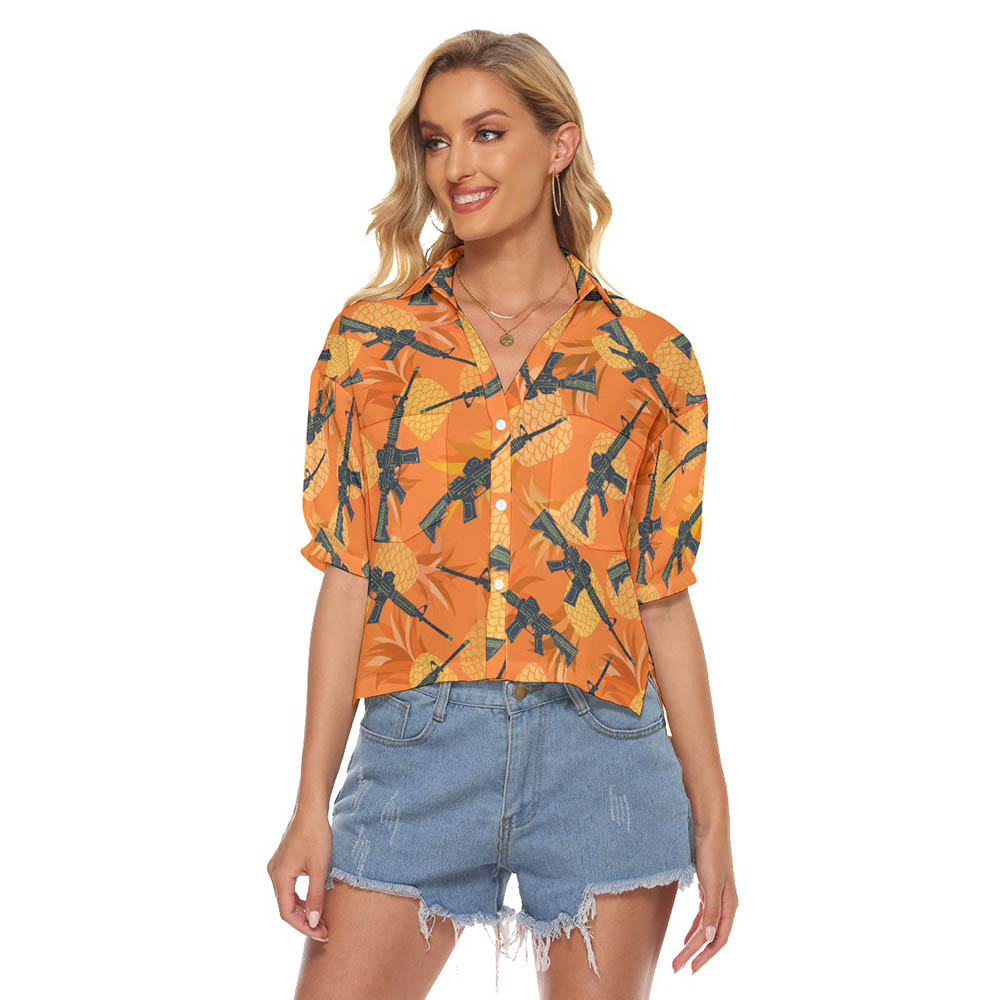 Cool Tactical Gun Pineapple Orange Women's Hawaiian Cropped Shirt - variant image 1