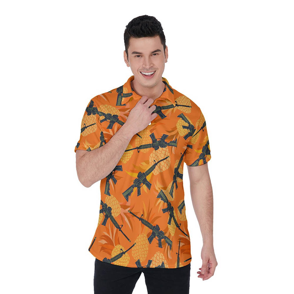 Cool Tactical Gun Pineapple Orange Men's Hawaiian Polo Golf Shirt - variant image 1