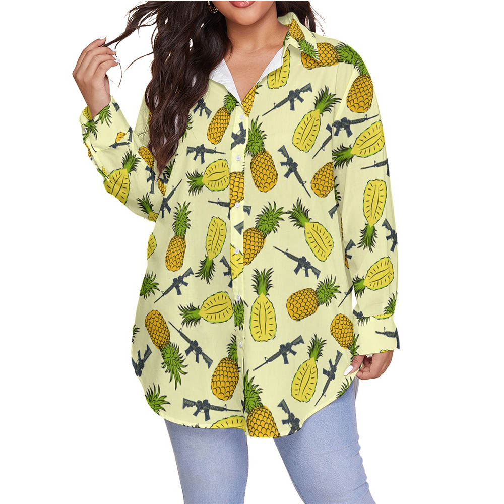 Cool Tactical Gun Pineapple Hawaiian Long Sleeve Plus Size Shirt For Women - variant image 1