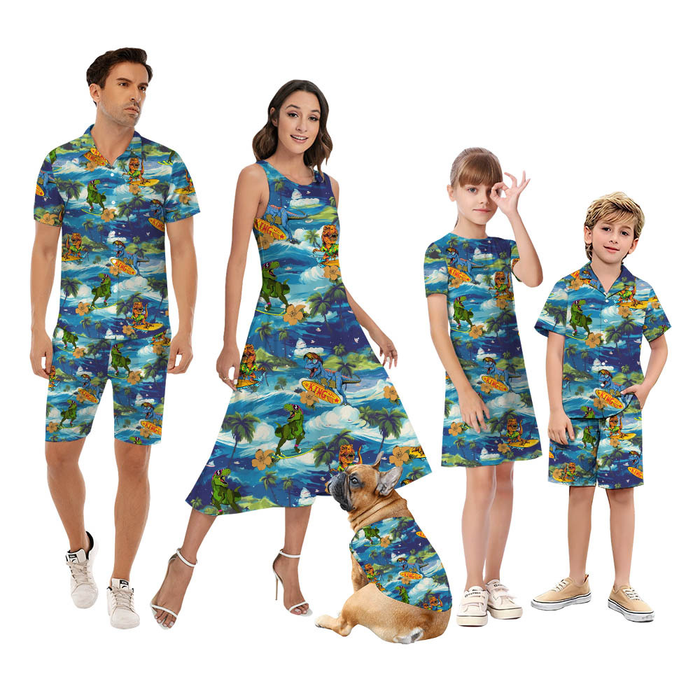 Funny Dinosaur Surfing Tropical Family Matching Hawaiian Outfits - variant image 1