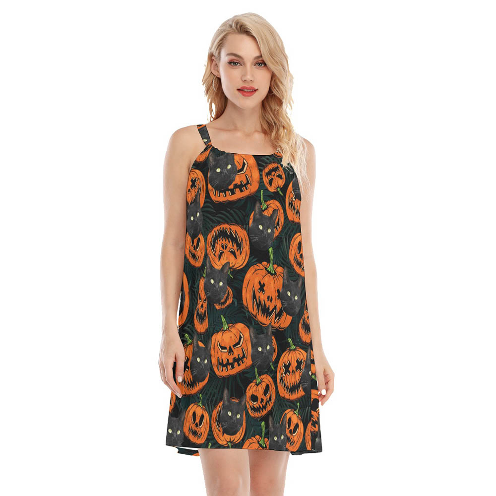 Custom Cat Face Halloween Scary Pumpkin Women's Dresses - variant image 1