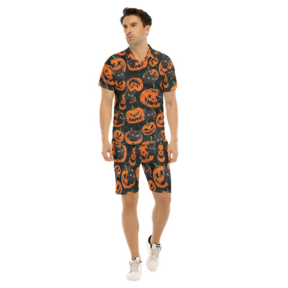 Halloween Pumpkin Custom Cat Face Hawaiian Shirt And Shorts For Men - variant image 1