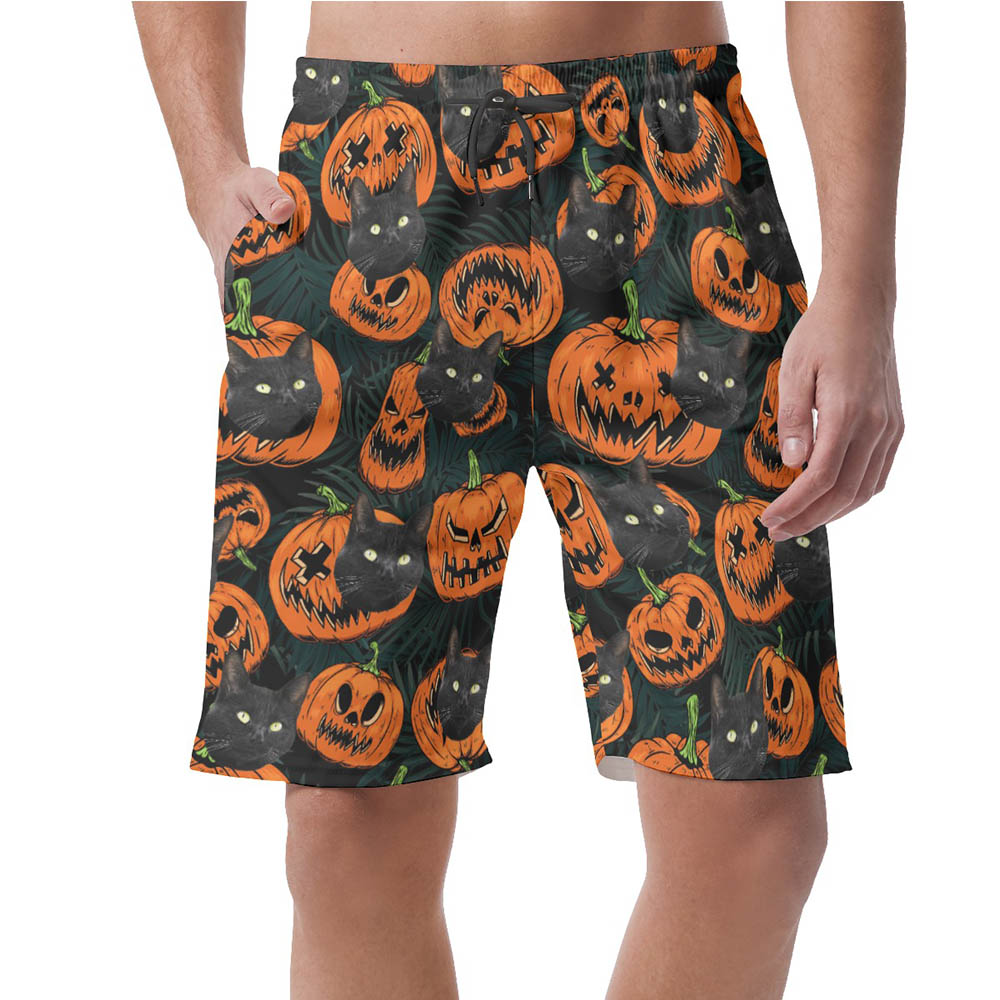 Custom Pet Face Halloween Pumpkin Hawaiian Beach Shorts For Men - variant image 1