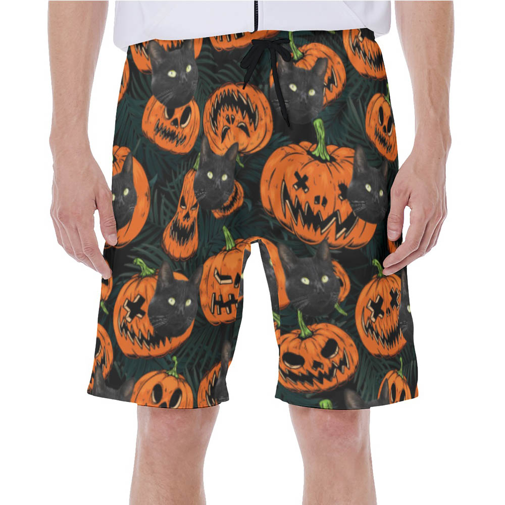 Funny Custom Cat Face Halloween Pumpkin Hawaiian Swim Trunks For Men - variant image 1