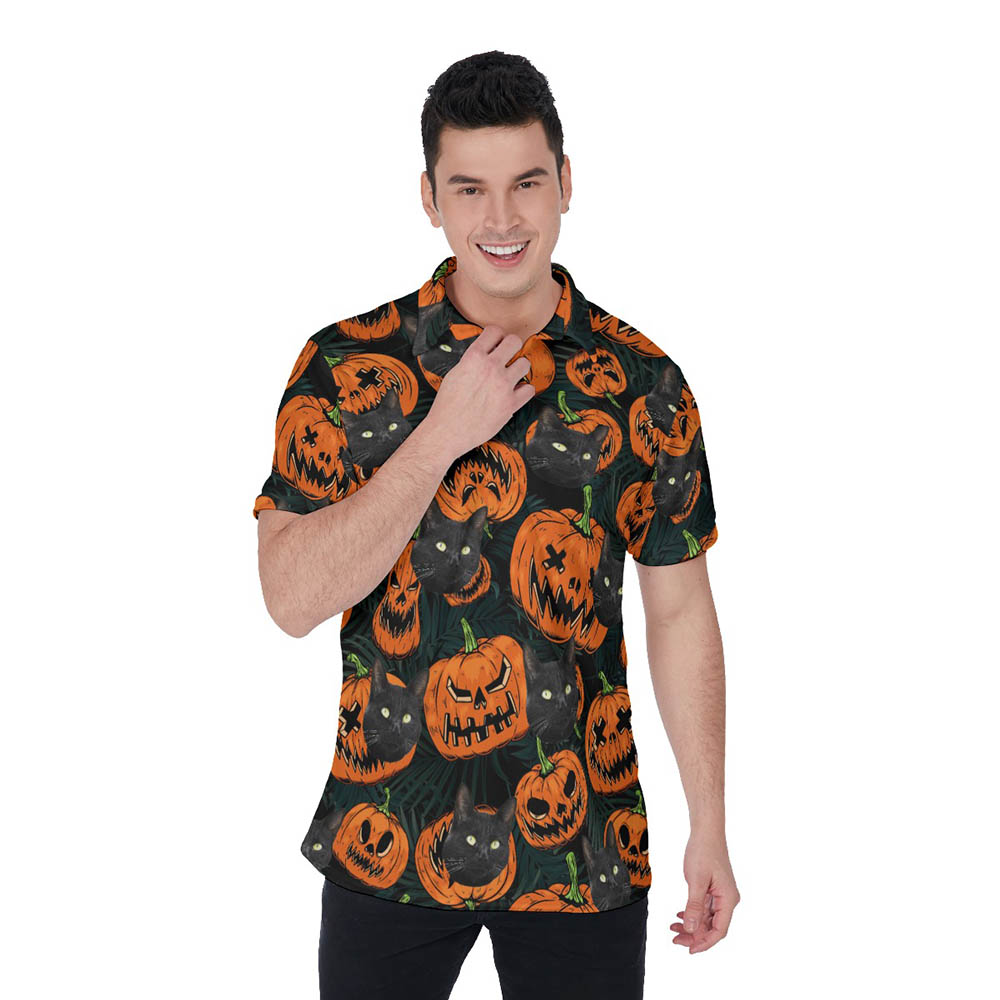 Funny Custom Cat Face Halloween Hawaiian Polo Shirt For Men - variant image 1