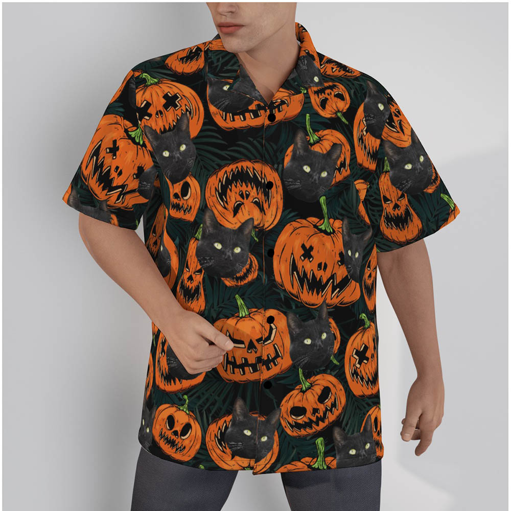 Custom Halloween Pumpkin Hawaiian Shirt With Cat Face - variant image 1