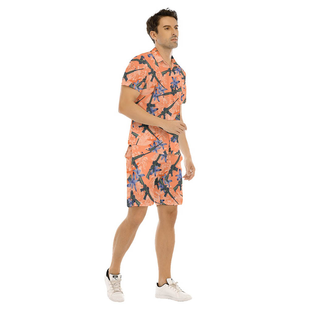 Set Tactical Gun Floral Orange Men's Hawaiian Shirt And Matching Shorts