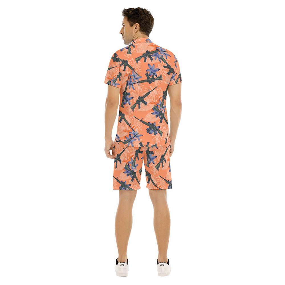 Set Tactical Gun Floral Orange Men's Hawaiian Shirt And Matching Shorts