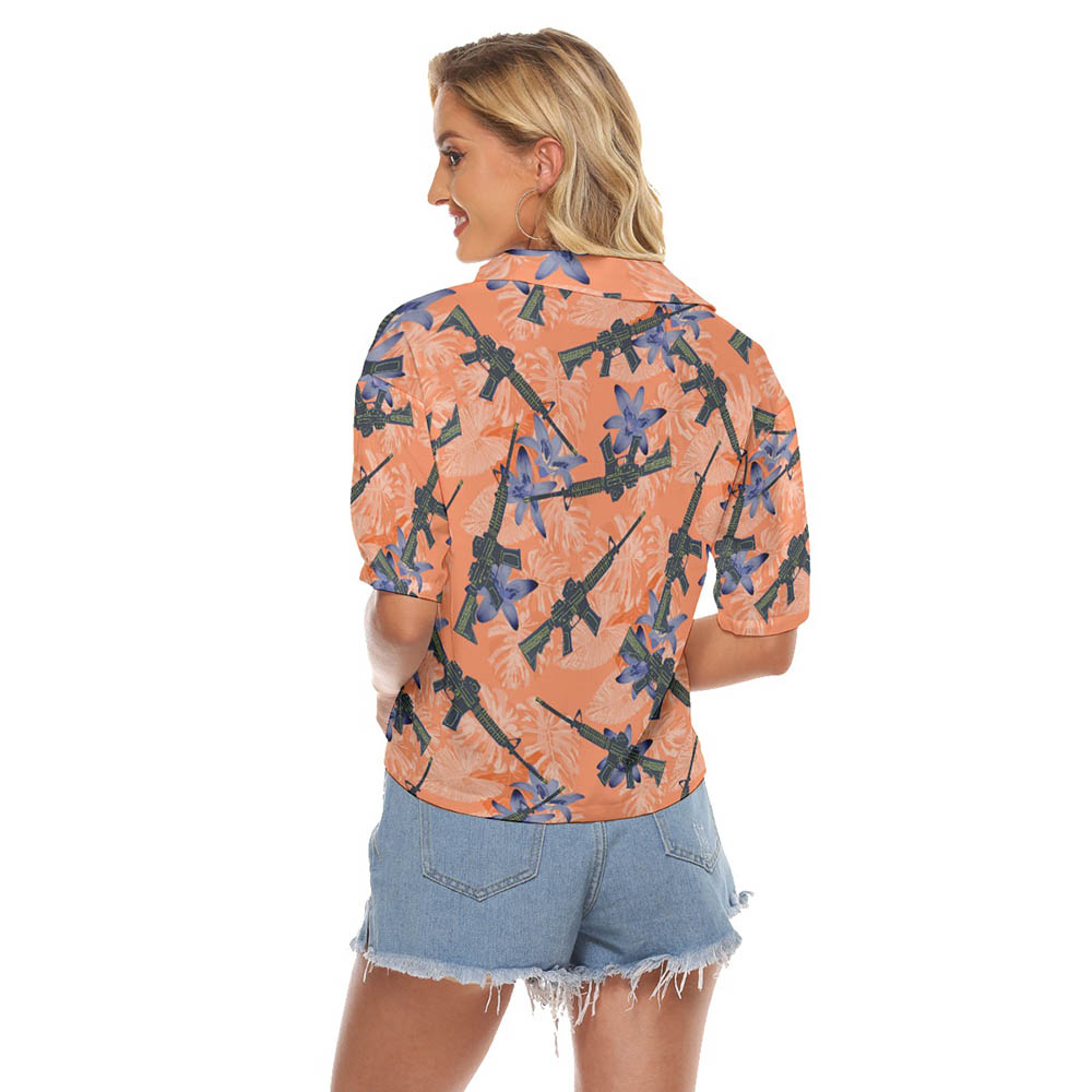Cool Tactical Gun Floral Orange Hawaiian Crop Top Shirt
