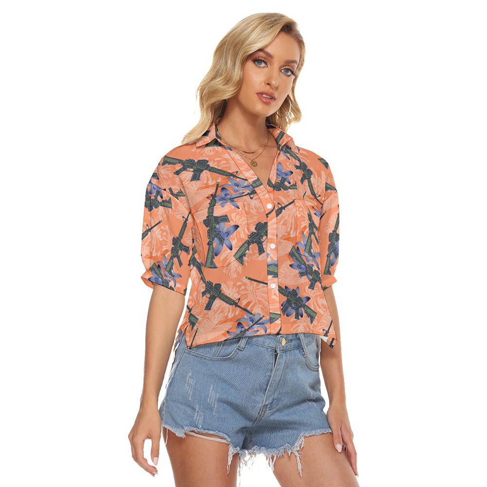 Cool Tactical Gun Floral Orange Hawaiian Crop Top Shirt
