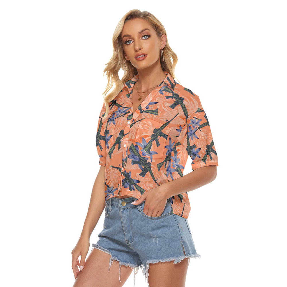Cool Tactical Gun Floral Orange Hawaiian Crop Top Shirt