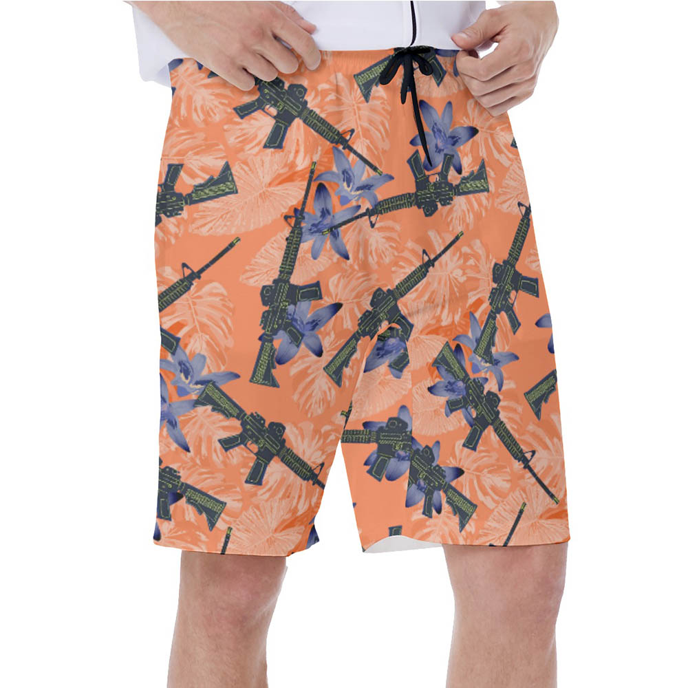 Cool Tactical Gun Floral Orange Hawaiian Swimwear For Men