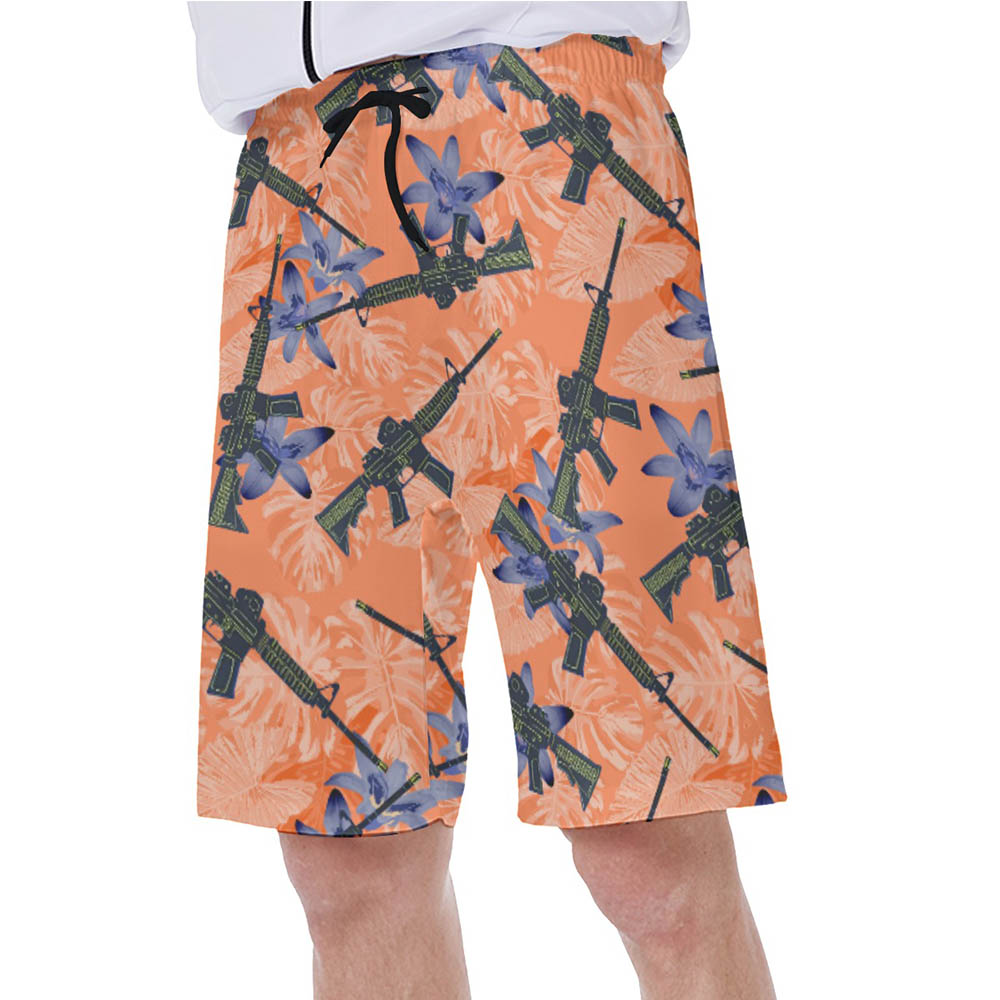 Cool Tactical Gun Floral Orange Hawaiian Swimwear For Men