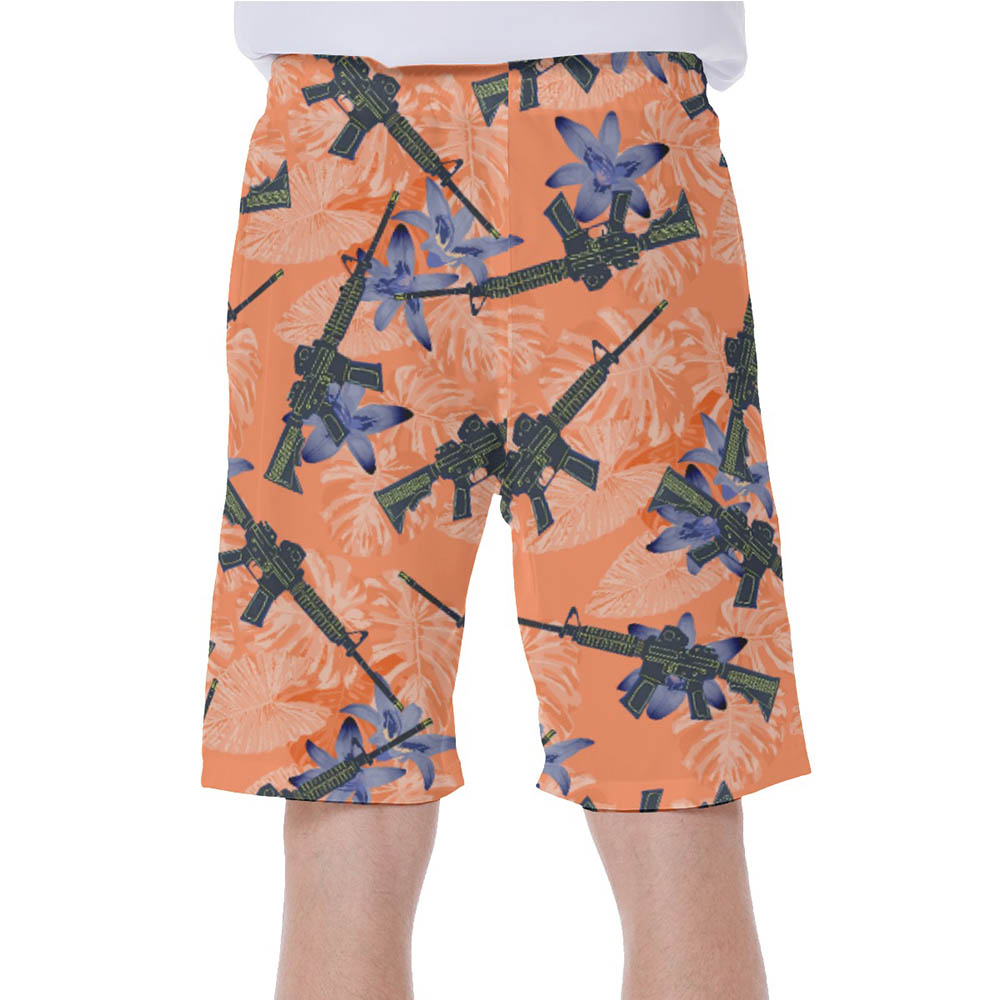 Cool Tactical Gun Floral Orange Hawaiian Swimwear For Men