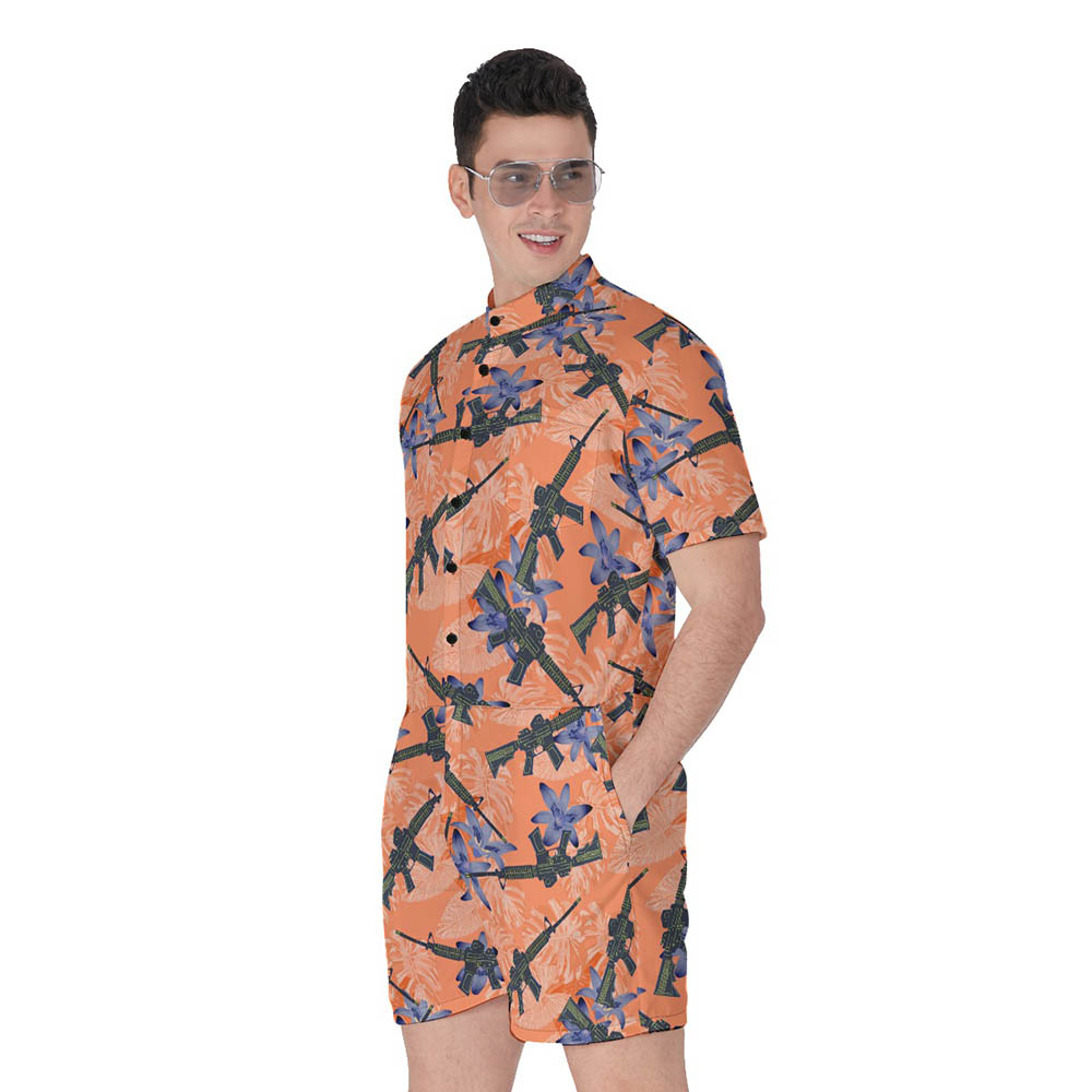 Cool Gun Tactical Floral Orange Hawaiian Romper For Men