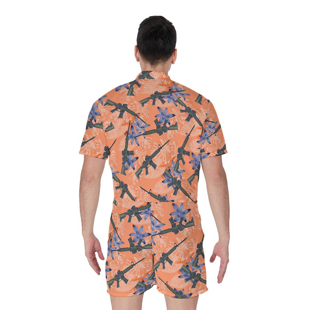 Cool Gun Tactical Floral Orange Hawaiian Romper For Men