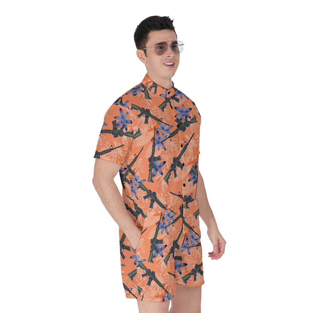 Cool Gun Tactical Floral Orange Hawaiian Romper For Men