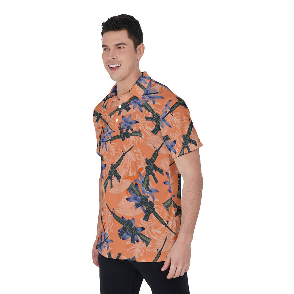 Cool Tactical Gun Floral Orange Men's Hawaiian Polo Shirt